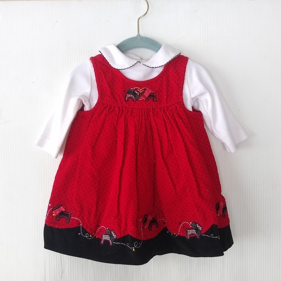 VINTAGE Scottie dog applique red corduroy jumper & onsie dress outfit - Picture 1 of 7